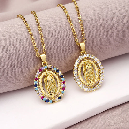 Vintage Non-Fading Copper Inlaid Zircon Our Lady Pendant Necklace