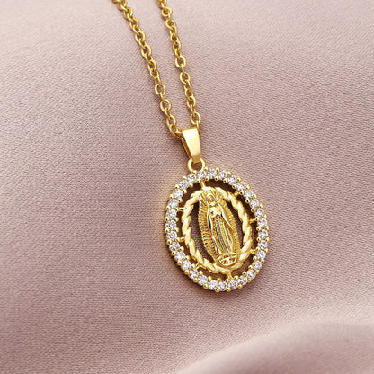 Vintage Non-Fading Copper Inlaid Zircon Our Lady Pendant Necklace