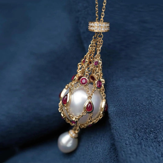 Adjustable Braided Mesh Metal Pearl Gemstone Pendant Necklac Jewelry Gifts