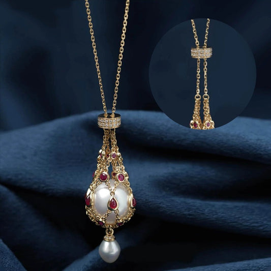 Adjustable Braided Mesh Metal Pearl Gemstone Pendant Necklac Jewelry Gifts