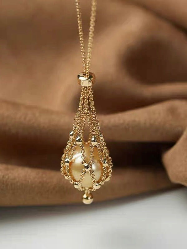 Adjustable Braided Mesh Metal Pearl Gemstone Pendant Necklac Jewelry Gifts