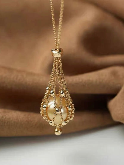 Adjustable Braided Mesh Metal Pearl Gemstone Pendant Necklac Jewelry Gifts