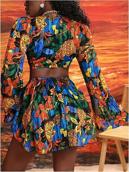 Sexy Summer Tropical Floral Print Chiffon Deep V Cut Out Halter A-Line Mini Dress