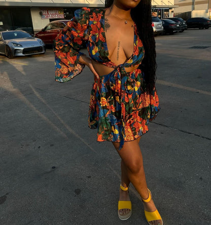 Sexy Summer Tropical Floral Print Chiffon Deep V Cut Out Halter A-Line Mini Dress