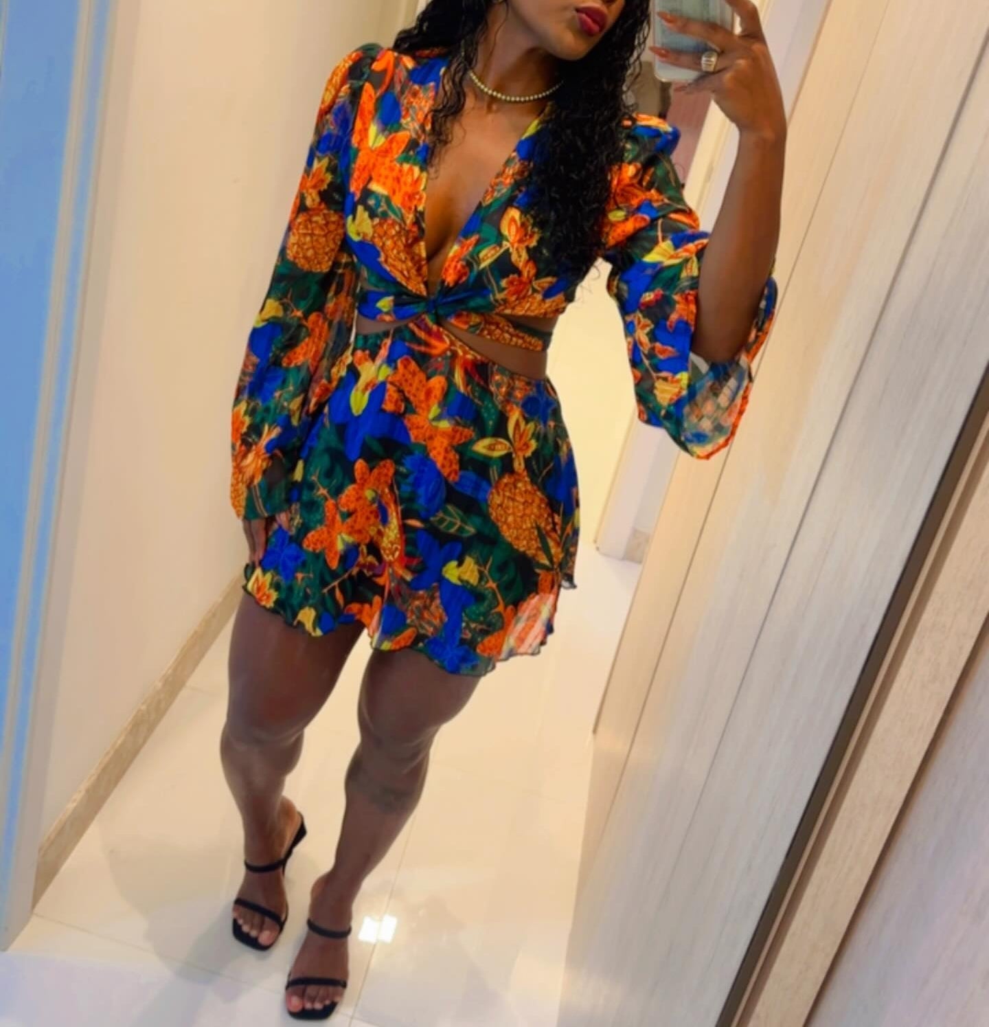 Sexy Summer Tropical Floral Print Chiffon Deep V Cut Out Halter A-Line Mini Dress