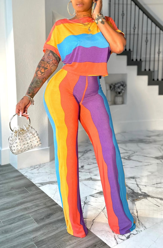 Women 2 Piece Casual Set Colorful Stripe Outfits