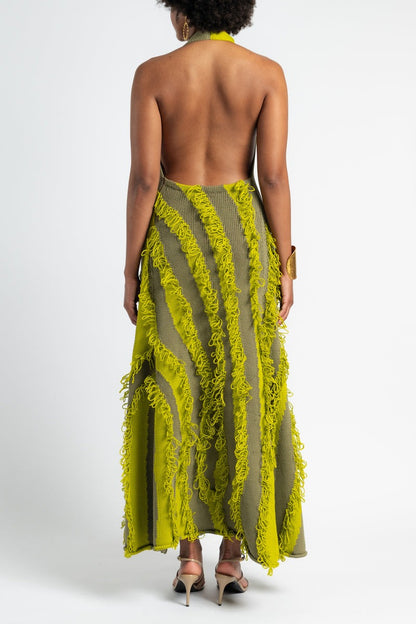 Green Tassel Knit Halter Maxi Dress