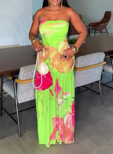 Tube Top Long Dress Sexy Strapless Mesh Backless High Slit Maxi Dress