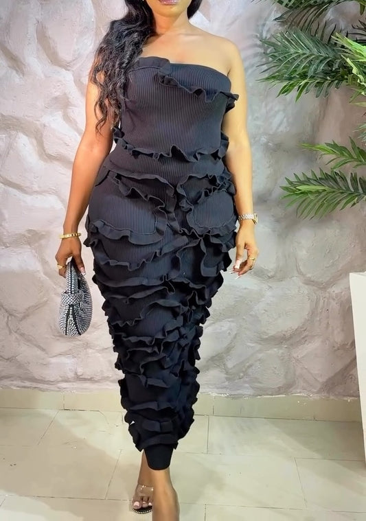 Knitted Ruffle Texture Stretch Midi Dress