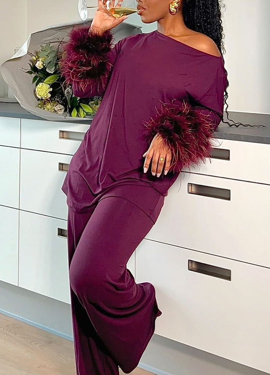 Feather Decorated Fuchsia Two-piece Set