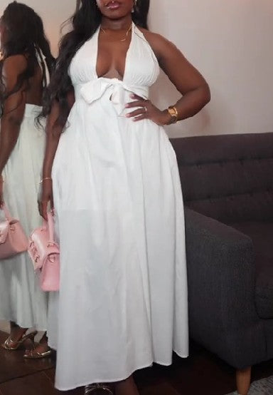 White Halterneck Dress With Bow Tie