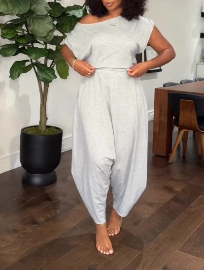 Women's Casual Solid Color Asymmetrical Neckline Loose 2pcs Set