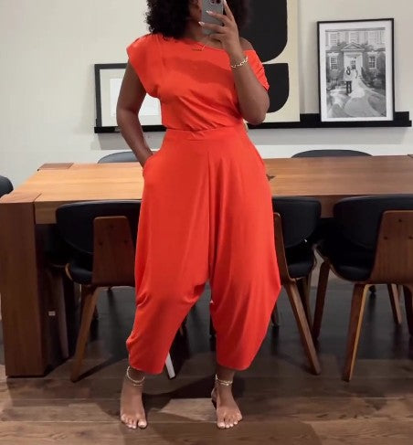 Women's Casual Solid Color Asymmetrical Neckline Loose 2pcs Set