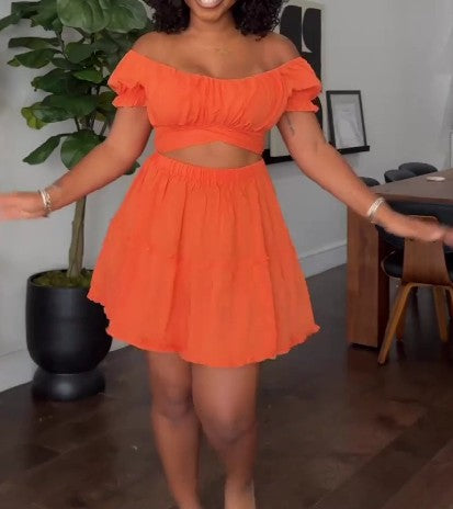 Off Shoulder Tie Up Crop Top And Mini Skirt Set