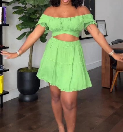 Off Shoulder Tie Up Crop Top And Mini Skirt Set