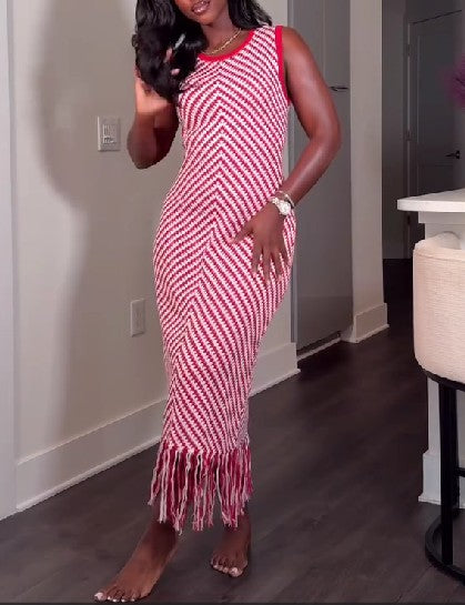 Casual Crochet Knit Striped Tassel Sleeveless Boho Maxi Dresses