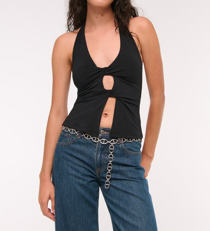 Bra-Free Twist Halter Cutout Top