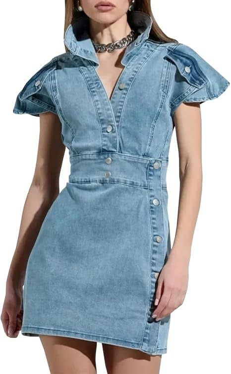 V-Neck Buttons Wrap Hip Denim Dress