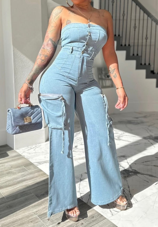 Bandeau Denim Jumpsuit With Pockets