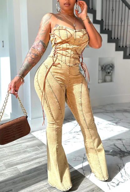 Yellow Denim Jumpsuit With Lace-up Top