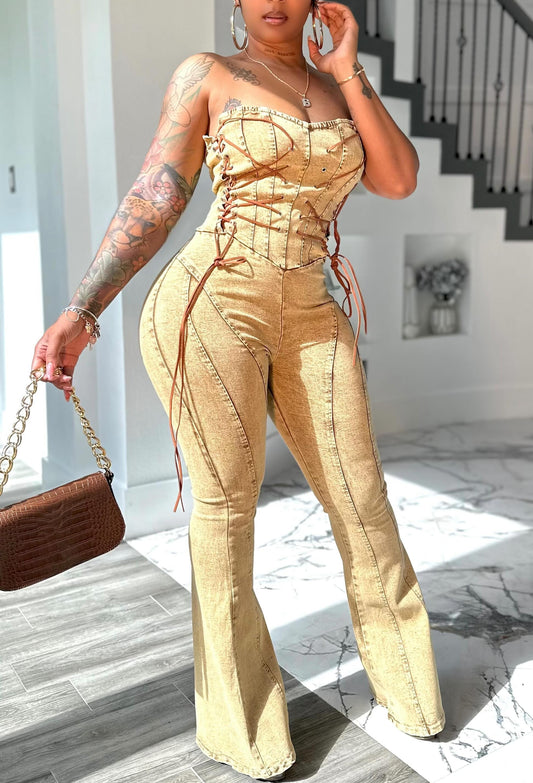 Yellow Denim Jumpsuit With Lace-up Top