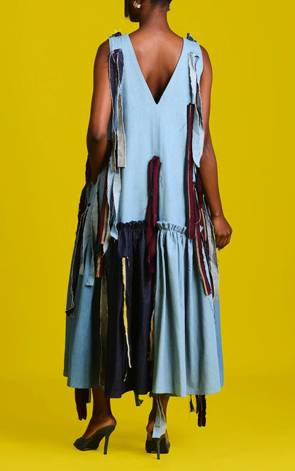 V-neck Sleeveless Denim Patchwork Dress