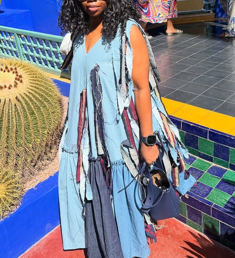 V-neck Sleeveless Denim Patchwork Dress