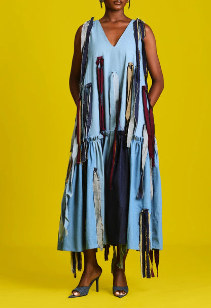 V-neck Sleeveless Denim Patchwork Dress