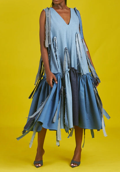 V-neck Sleeveless Denim Patchwork Dress