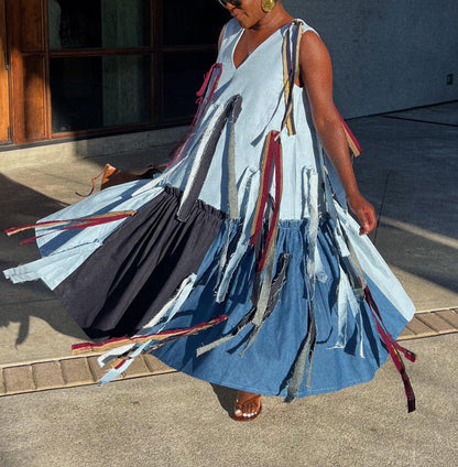 V-neck Sleeveless Denim Patchwork Dress