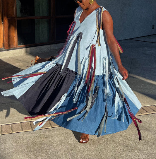V-neck Sleeveless Denim Patchwork Dress