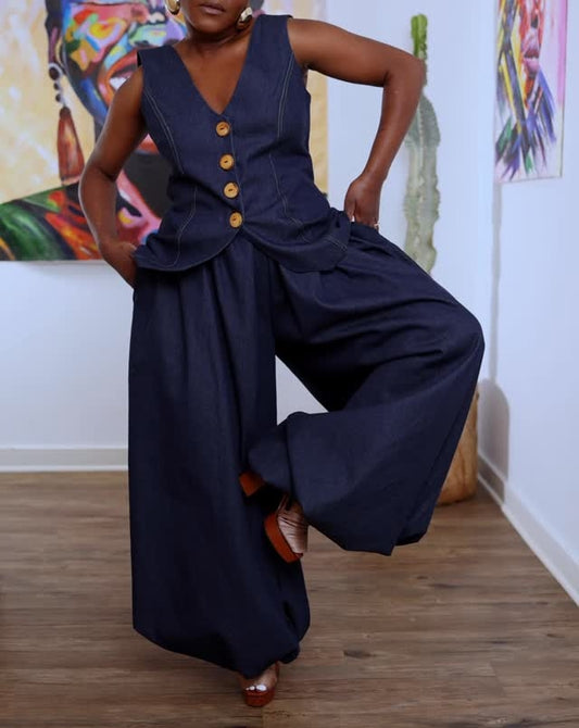 V-neck Vest Loose Pants Denim Suit