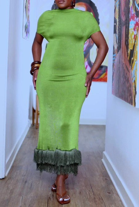 Elegant Green Tassel Dress Open Back With Circular Wooden Detail