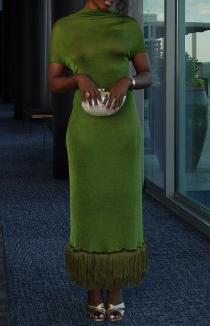 Elegant Green Tassel Dress Open Back With Circular Wooden Detail