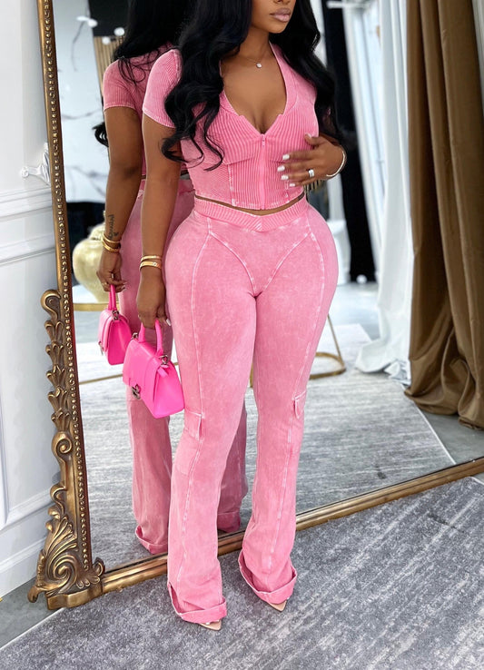 V-neck Stretch Zipper Top   Flare Pants 2pcs