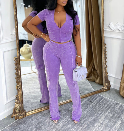 V-neck Stretch Zipper Top   Flare Pants 2pcs