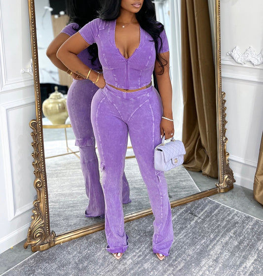 V-neck Stretch Zipper Top   Flare Pants 2pcs