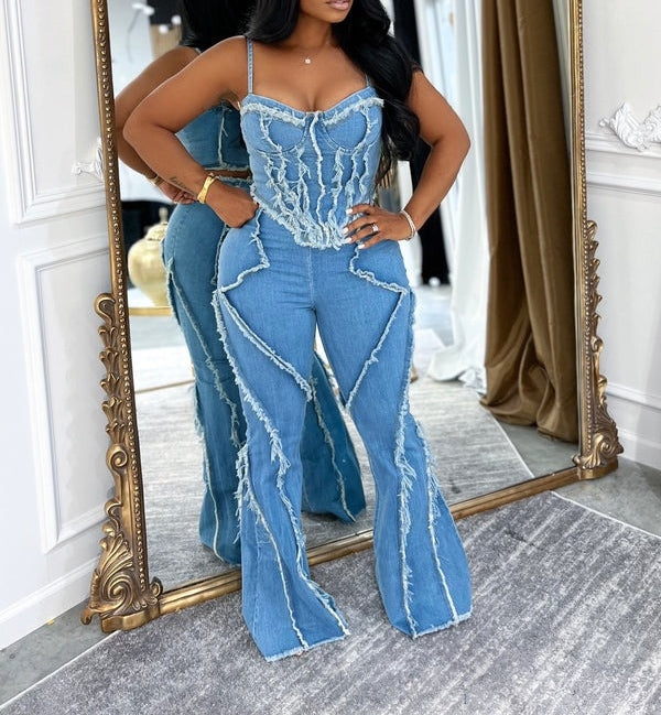 Raw-edge Tassel-stitched Washed Denim Two-piece Suit