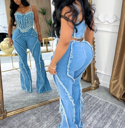 Raw-edge Tassel-stitched Washed Denim Two-piece Suit
