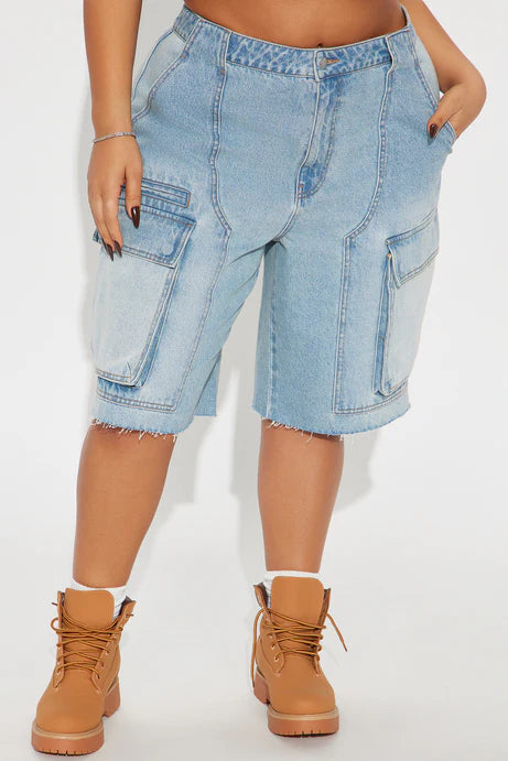 Light Wash Denim Cargo Jorts