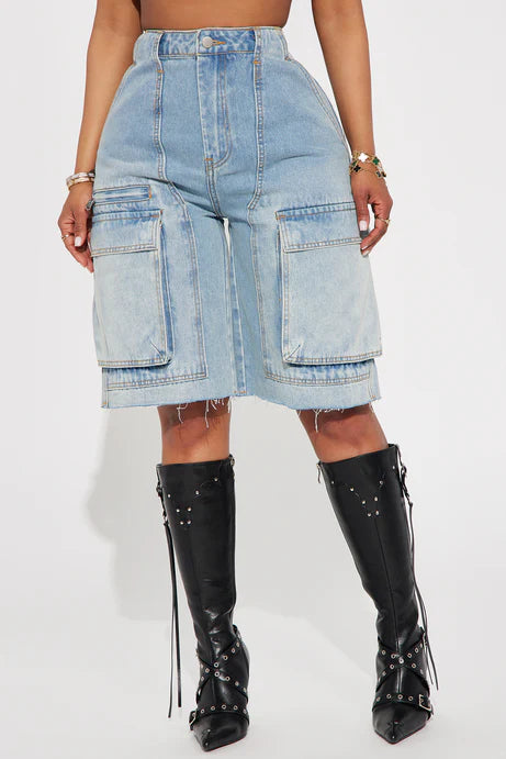 Light Wash Denim Cargo Jorts