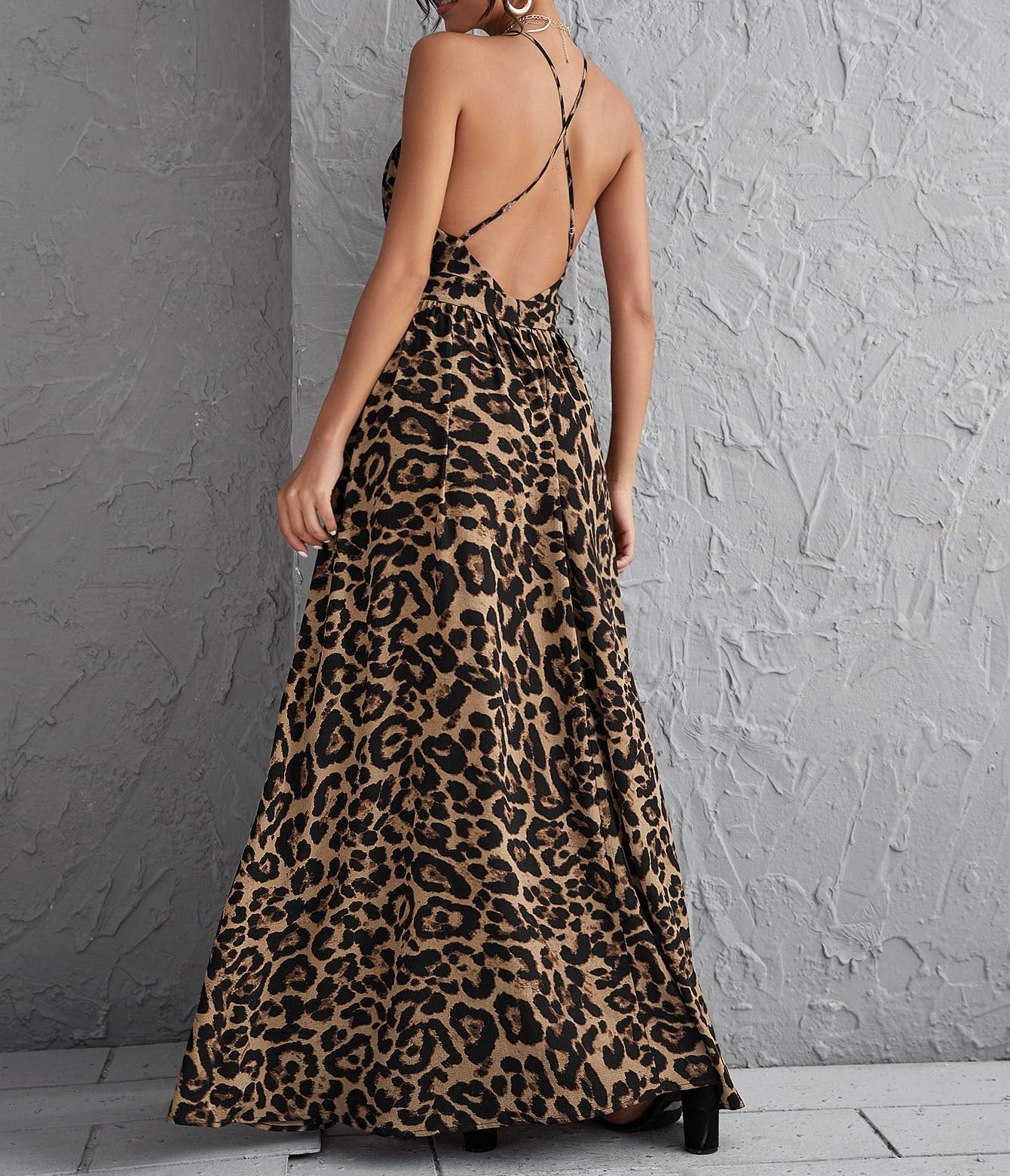Deep V Neck Leopard Crisscross Backless Beach Maxi Dress