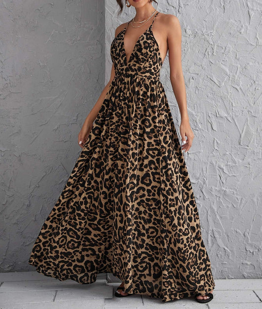 Deep V Neck Leopard Crisscross Backless Beach Maxi Dress