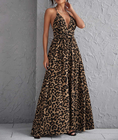 Deep V Neck Leopard Crisscross Backless Beach Maxi Dress