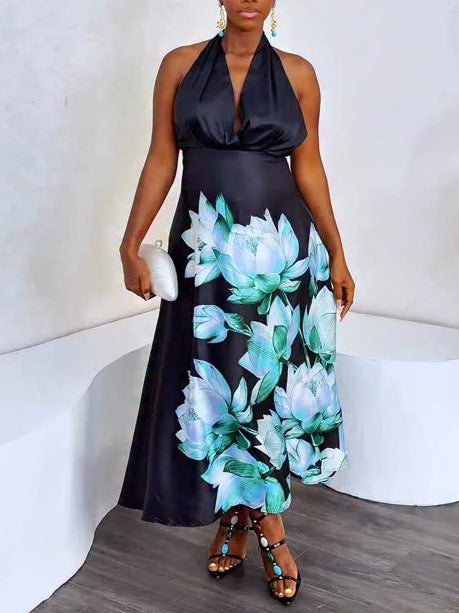 Premium Satin Halter Printed Midi Dress