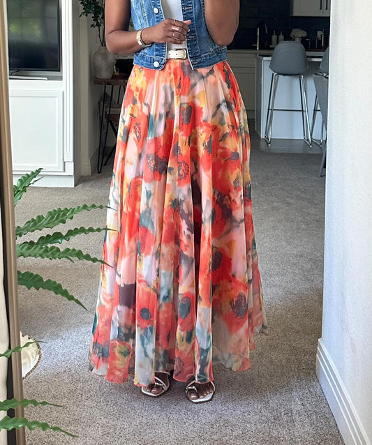 Orange Blossom Watercolor Maxi Skirt