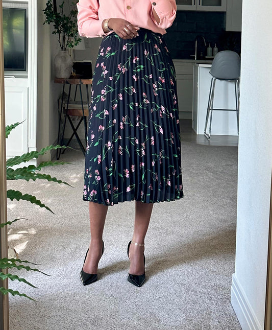 Black Floral Print Pleated Skirt