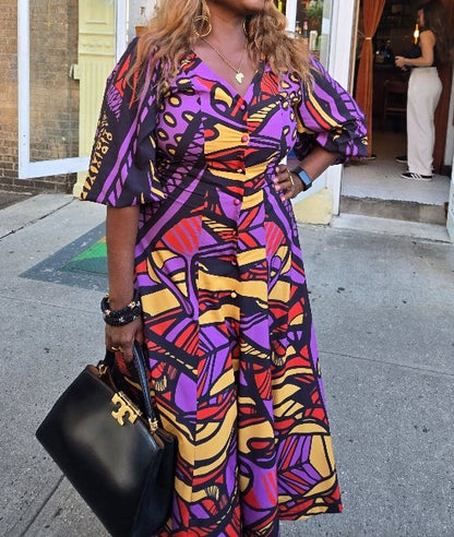 Purple Printed Midi-sleeve Dress