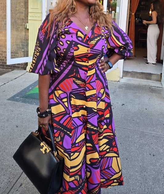 Purple Printed Midi-sleeve Dress