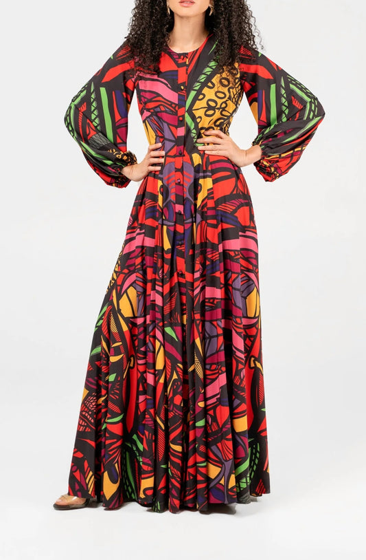 Red Printed Maxi Shirt Dress